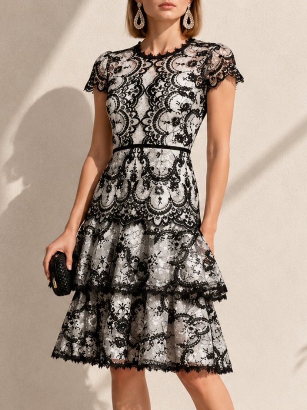 Marchesa Notte White Black Lace Tiered Formal Dress Size 12